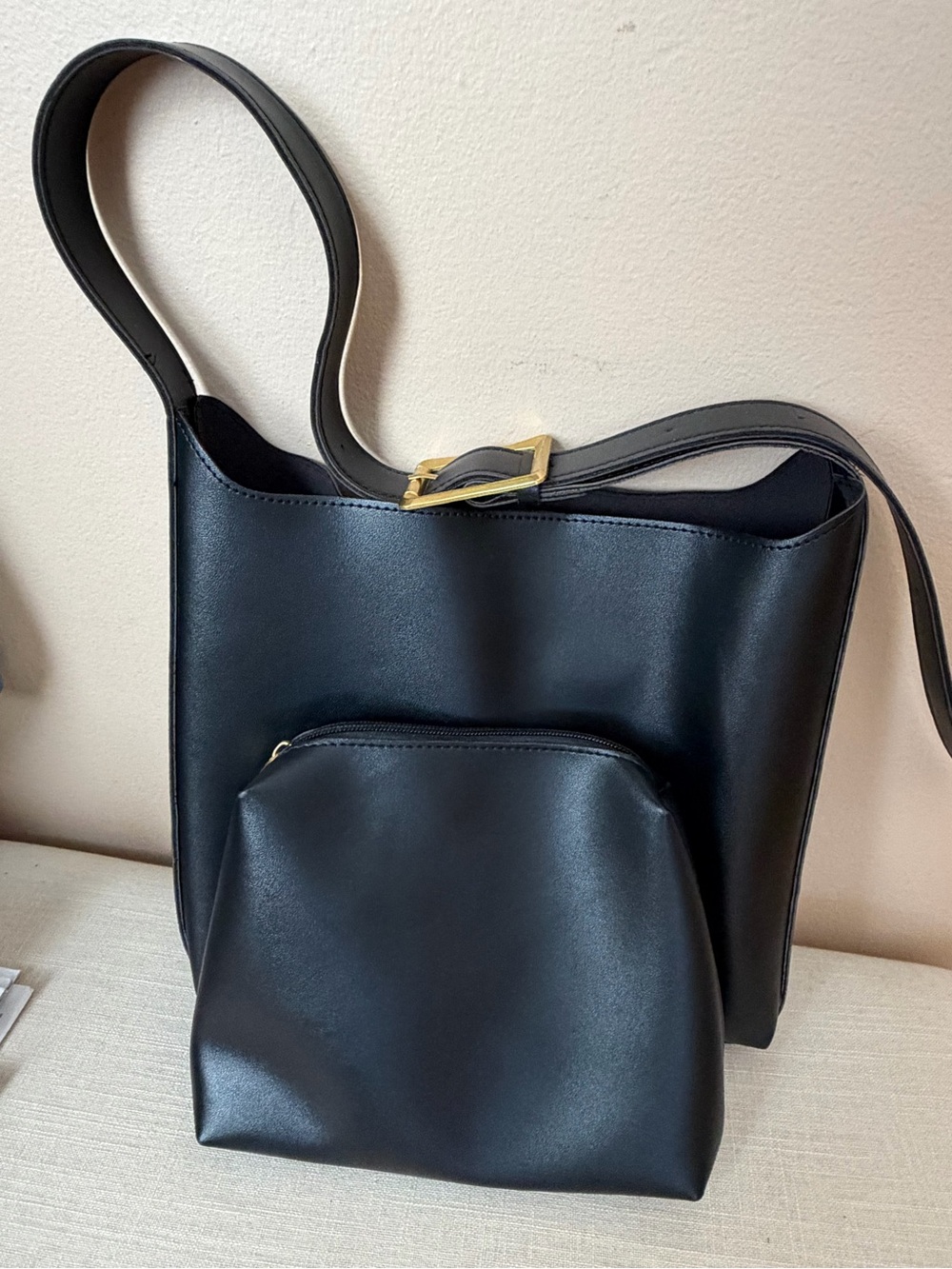 Classic Black Leather Tote with Matching Pouch
